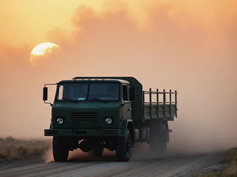 Военный грузовик на грунтовой дороге в степи на закате